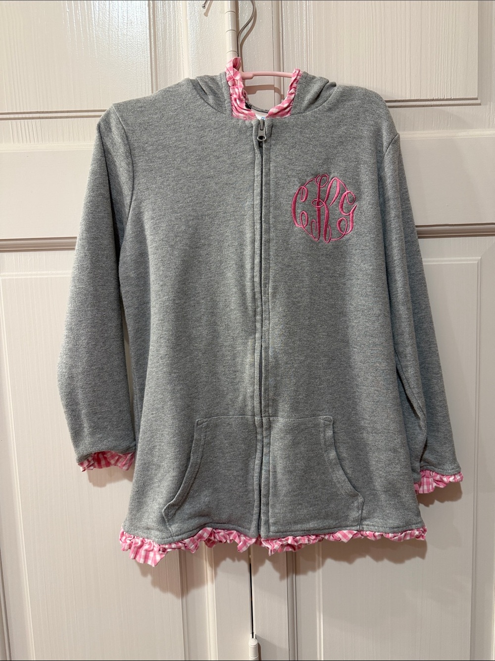 Girls' Grey Zip Hoodie with Pink Trim and Monogram